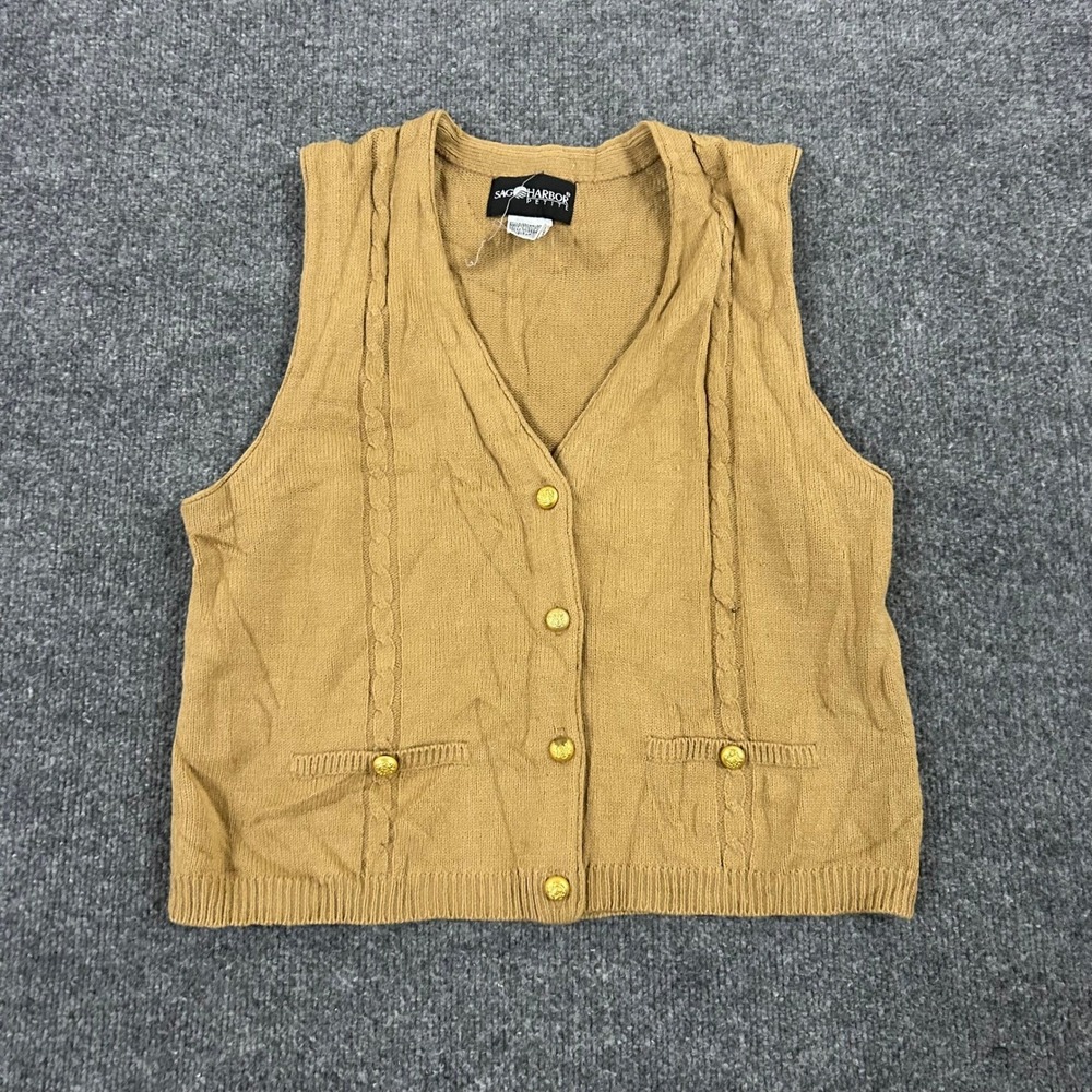 Sag Harbor Sweater Vest Womens Medium Petite Tan Cable Knit Button Front Preppy
